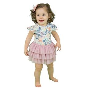 Bird & Bean Bamboo Pink Tulle Skirted Dress Bodysuit Meadow Floral Size 12-18M
